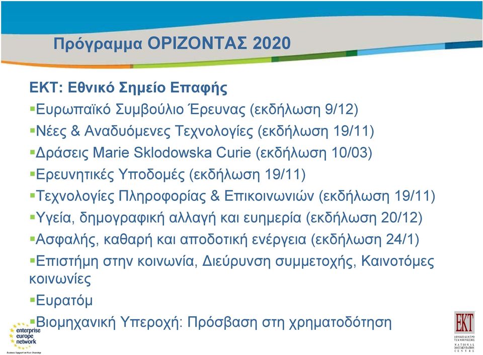 Τεχνολογίες Πληροφορίας & Επικοινωνιών (εκδήλωση 19/11) Υγεία, δημογραφική αλλαγή και ευημερία (εκδήλωση 20/12) Ασφαλής, καθαρή και