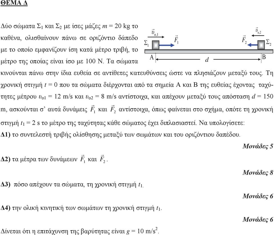 Τη χρονική στιγμή t = 0 που τα σώματα διέρχονται από τα σημεία Α και Β της ευθείας έχοντας ταχύτητες μέτρου υ ο1 = 1 m/s και υ ο = 8 m/s αντίστοιχα, και απέχουν μεταξύ τους απόσταση d = 150 m,