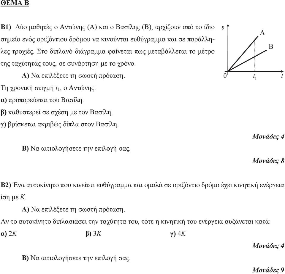 Τη χρονική στιγμή t 1, ο Αντώνης: α) προπορεύεται του Βασίλη. β) καθυστερεί σε σχέση με τον Βασίλη. γ) βρίσκεται ακριβώς δίπλα στον Βασίλη. Β) Να αιτιολογήσετε την επιλογή σας.