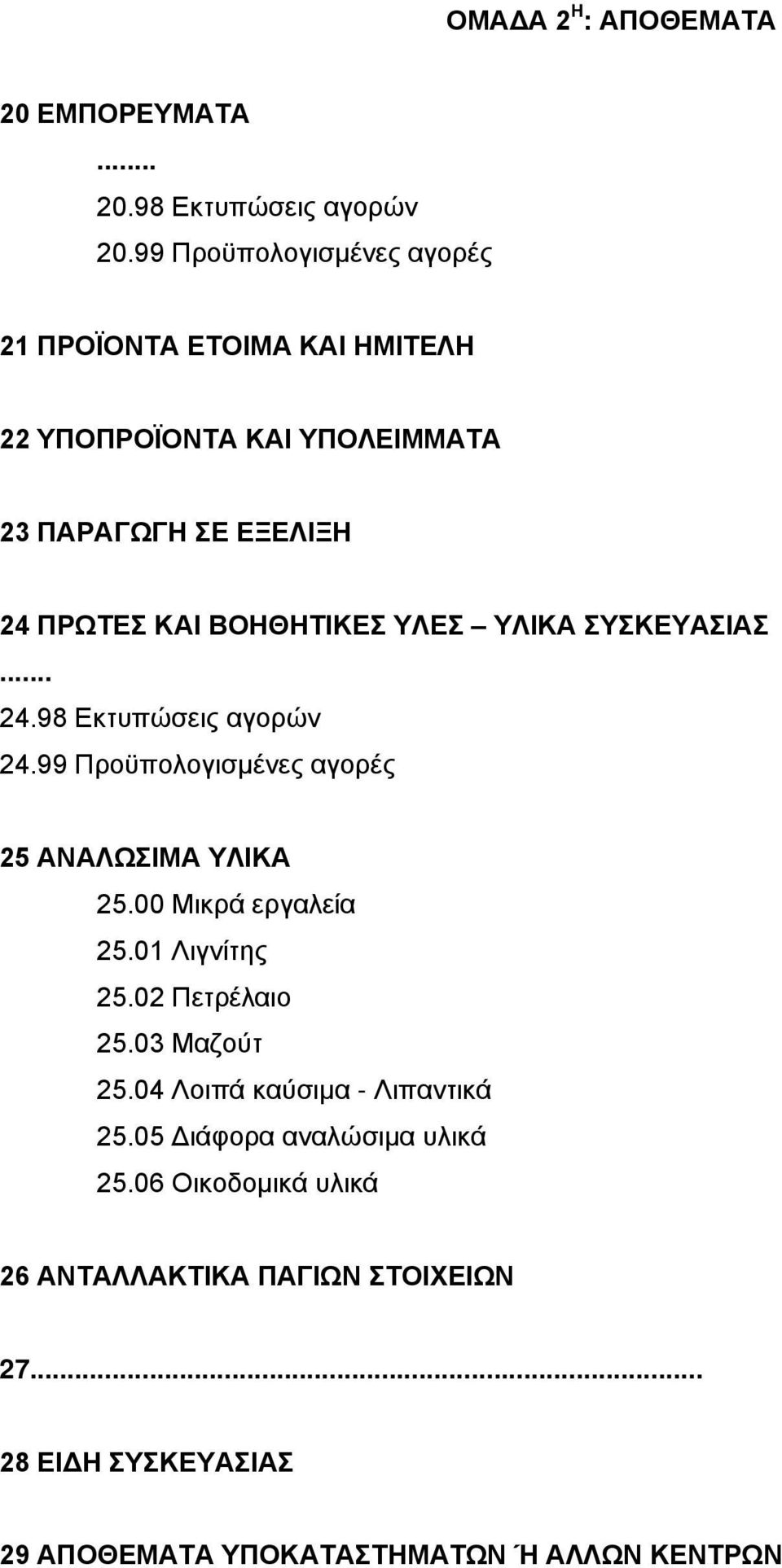ΥΛΕΣ ΥΛΙΚΑ ΣΥΣΚΕΥΑΣΙΑΣ... 24.98 Εκτυπώσεις αγορών 24.99 Προϋπολογισμένες αγορές 25 ΑΝΑΛΩΣΙΜΑ ΥΛΙΚΑ 25.00 Μικρά εργαλεία 25.01 Λιγνίτης 25.