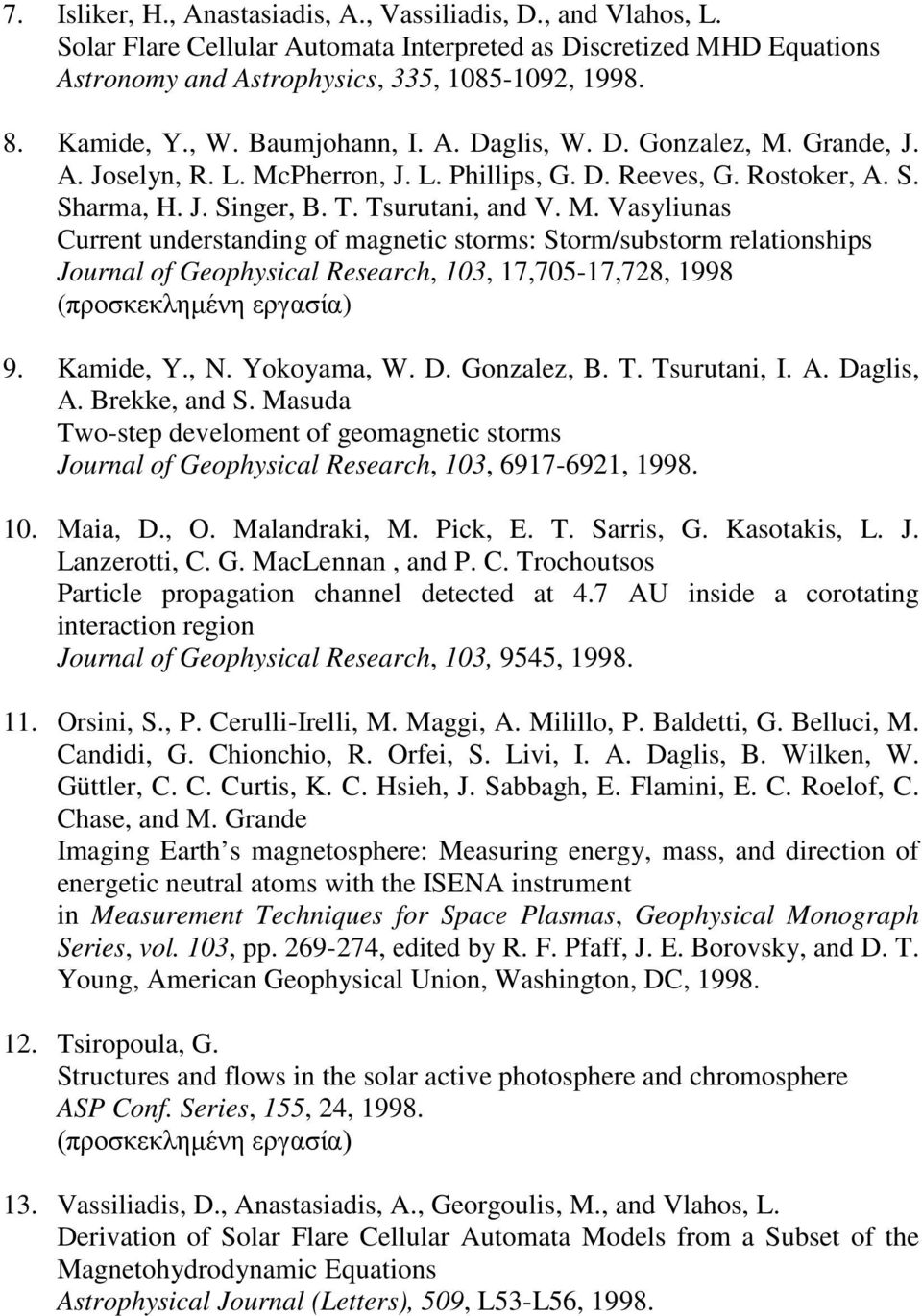 Grande, J. A. Joselyn, R. L. McPherron, J. L. Phillips, G. D. Reeves, G. Rostoker, A. S. Sharma, H. J. Singer, B. T. Tsurutani, and V. M. Vasyliunas Current understanding of magnetic storms: Storm/substorm relationships Journal of Geophysical Research, 103, 17,705-17,728, 1998 (προσκεκλημένη εργασία) 9.
