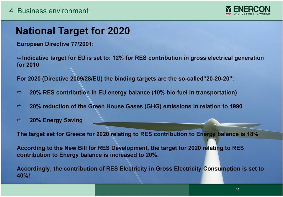 (GHG) emissions in relation to 1990 20% Energy Saving The target set for Greece for 2020 relating to RES contribution to Energy balance is 18% According to the New Bill for RES