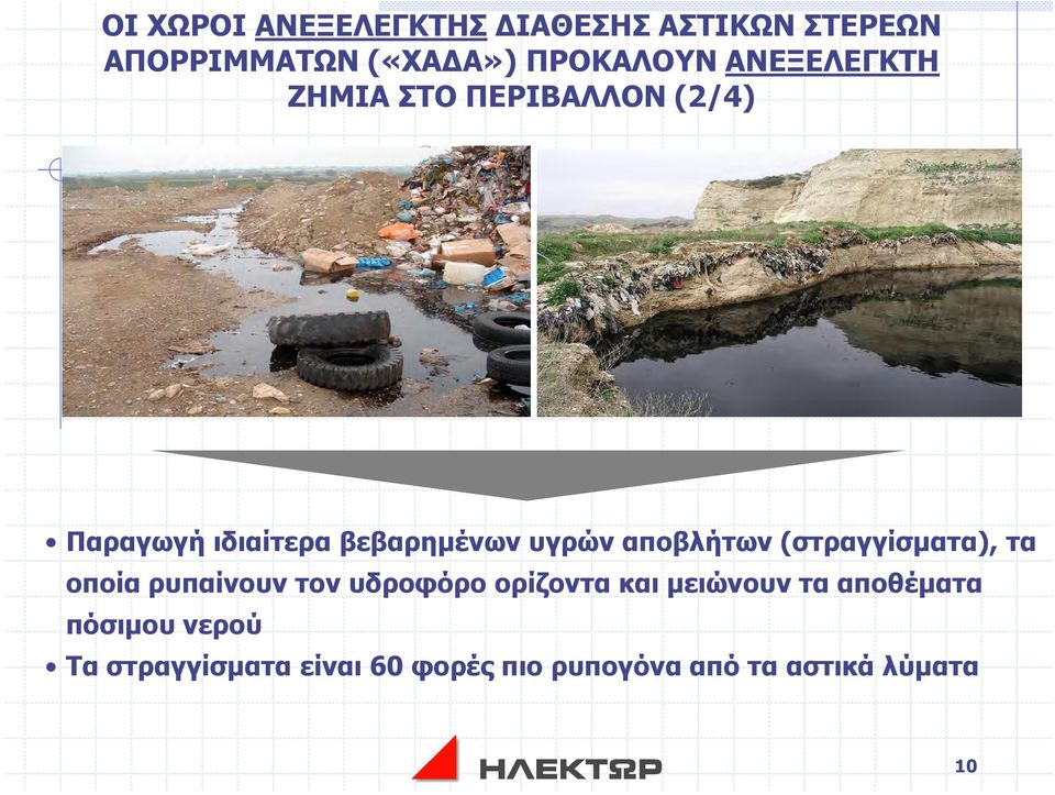 αποβλήτων (στραγγίσµατα), τα οποία ρυπαίνουν τον υδροφόρο ορίζοντα και µειώνουν