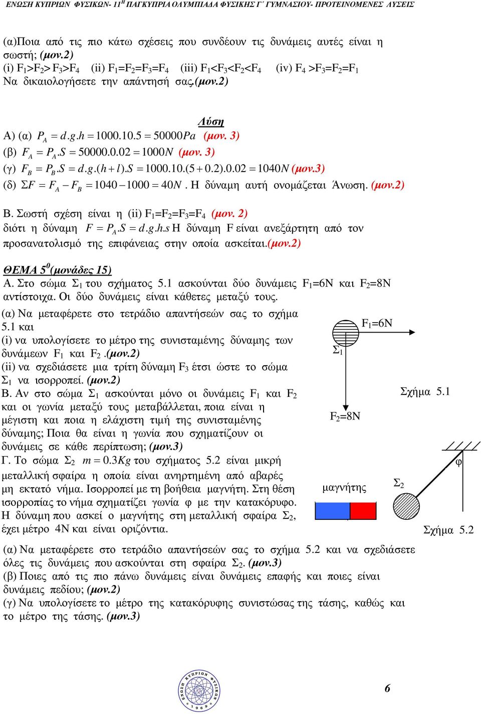 S d. ( h+ l). S 000.0.(5+ 0.).0.0 040N (µον.) (δ) Σ F FA FB 040 000 40N. Η δύναµη αυτή ονοµάζεται Άνωση. (µον.) Β. Σωστή σχέση είναι η (ii) F F F F 4 (µον. ) διότι η δύναµη F PA. S d. h. H δύναµη F είναι ανεξάρτητη από τον προσανατολισµό της επιφάνειας στην οποία ασκείται.