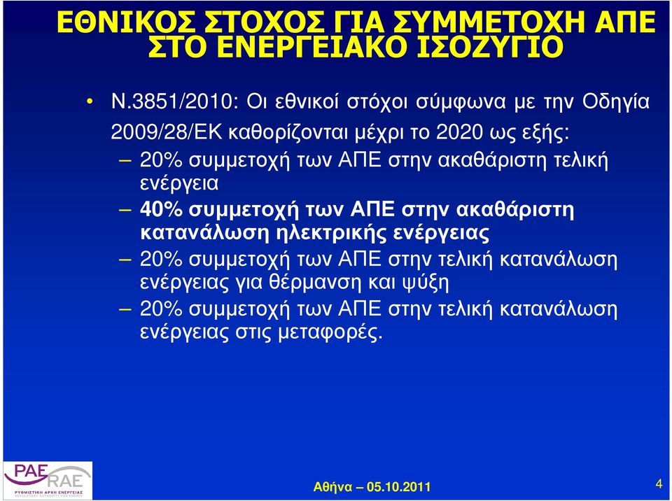 συµµετοχή των ΑΠΕ στην ακαθάριστη τελική ενέργεια 40% συµµετοχή των ΑΠΕ στην ακαθάριστη κατανάλωση