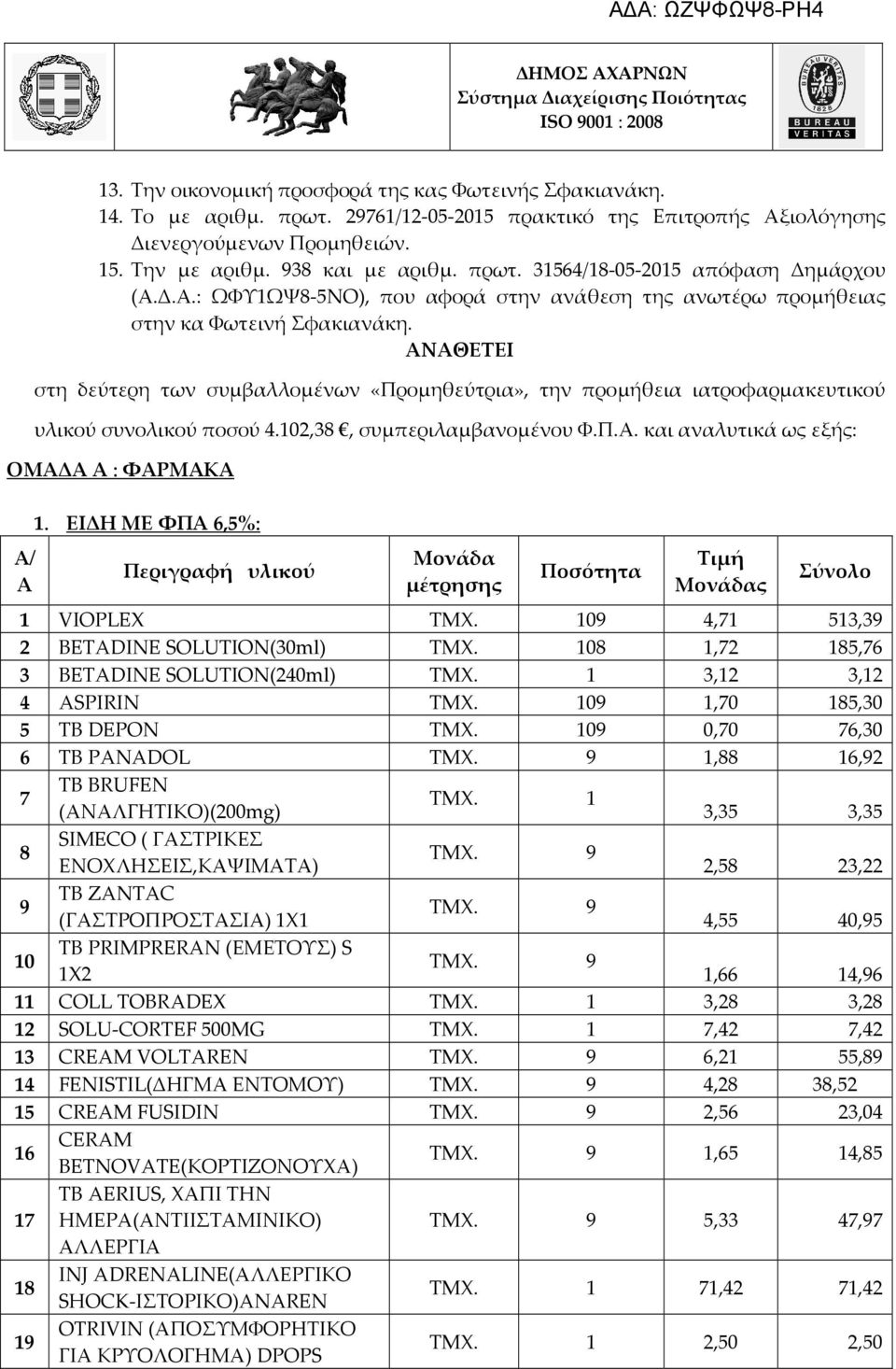 ΝΘΕΤΕΙ στη δεύτερη των συμβαλλομένων «Προμηθεύτρια», την προμήθεια ιατροφαρμακευτικού υλικού συνολικού ποσού 4.102,38, συμπεριλαμβανομένου Φ.Π.. και αναλυτικά ως εξής: ΟΜΔ : ΦΡΜΚ 1.