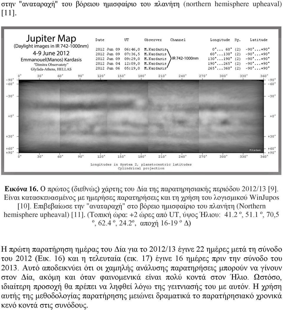 (Τοπική ώρα: +2 ώρες από UT, ύψος Ήλιου: 41.2 º, 51.1 º, 70,5 º, 62.4 º, 24.2º, αποχή 16-19 º Δ) Η πρώτη παρατήρηση ημέρας του Δία για το 2012/13 έγινε 22 ημέρες μετά τη σύνοδο του 2012 (Εικ.