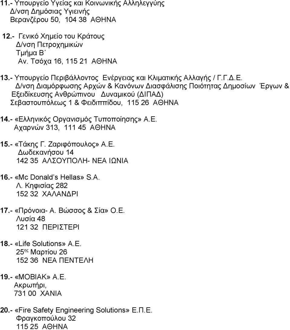 - «Ελληνικός Οργανισμός Τυποποίησης» Α.Ε. Αχαρνών 313, 111 45 ΑΘΗΝΑ 15.- «Τάκης Γ. Ζαριφόπουλος» Α.Ε. Δωδεκανήσου 14 142 35 ΑΛΣΟΥΠΟΛΗ- ΝΕΑ ΙΩΝΙΑ 16.- «Mc Donald s Hellas» S.A. Λ.