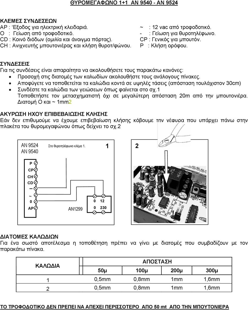 ΣΥΝΔΕΣΕΙΣ Για τις συνδέσεις είναι απαραίτητα να ακολουθήσετε τους παρακάτω κανόνες: Προσοχή στις διατομές των καλωδίων ακολουθήστε τους ανάλογους πίνακες.