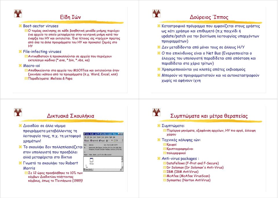 bin, *.vbs, κα) Macro-ιοί Αποθηκεύονται στα αρχεία του MSOffice και εκτελούνται όταν ξεκινήσει κάποιο από τα προγράµµατα (π.χ. Word, Excel, κλπ) Παραδείγµατα: Melissa & Papa ούρειος Ίππος Καταστροφικό πρόγραµµα που εµφανίζεται στους χρήστες ως κάτι χρήσιµο και επιθυµητό (π.