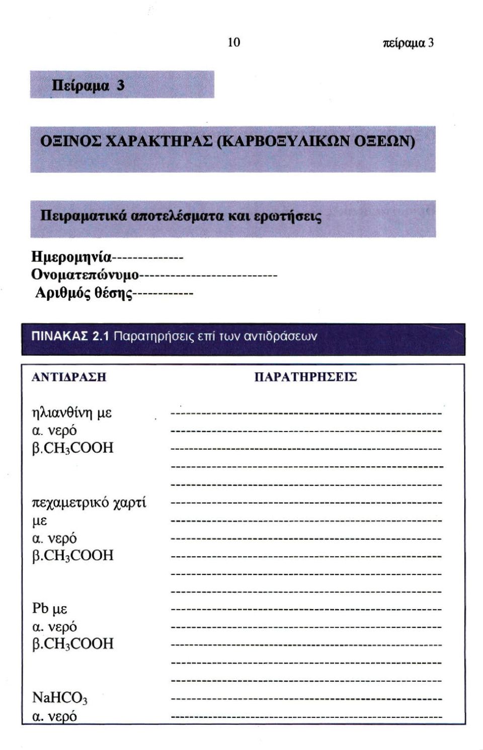 1 Παρατηρήσεις επί των αντιδράσεων ΑΝΤΙΔΡΑΣΗ ΠΑΡΑΤΗΡΗΣΕΙΣ ηλιανθίνη με α.