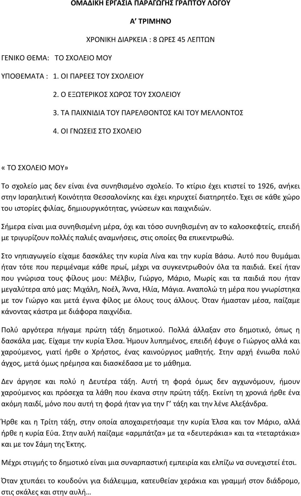 Το κτίριο έχει κτιστεί το 1926, ανήκει στην Ισραηλιτική Κοινότητα Θεσσαλονίκης και έχει κηρυχτεί διατηρητέο. Έχει σε κάθε χώρο του ιστορίες φιλίας, δημιουργικότητας, γνώσεων και παιχνιδιών.