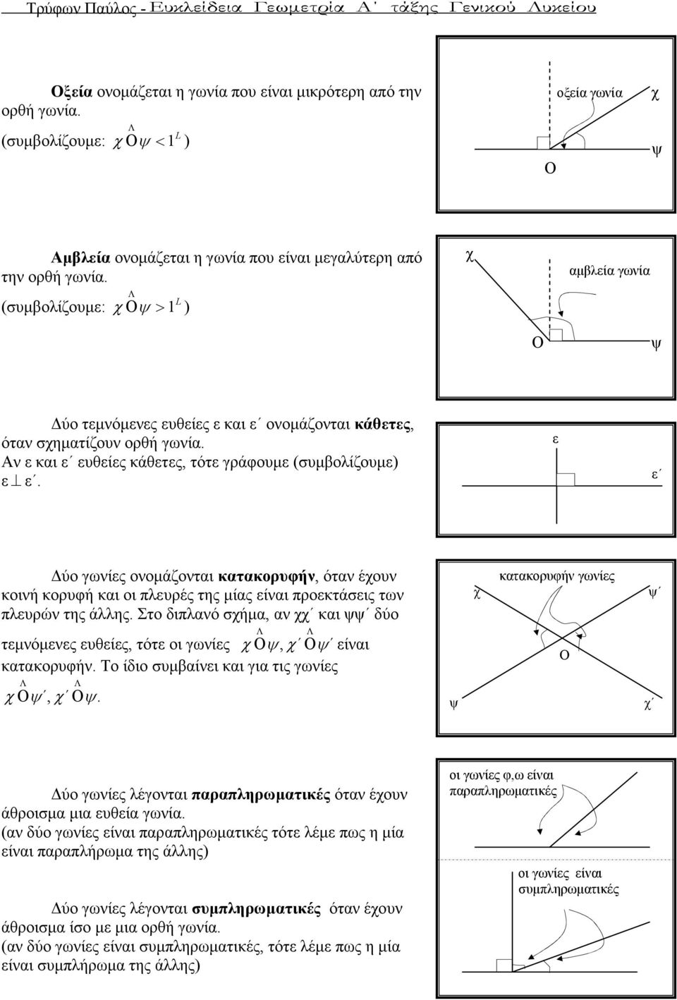 χ αµβλεία γωνία (συµβολίζουµε: L χ ψ > 1 ) ψ ύο τεµνόµενες ευθείες ε και ε ονοµάζονται κάθετες, όταν σχηµατίζουν ορθή γωνία. ν ε και ε ευθείες κάθετες, τότε γράφουµε (συµβολίζουµε) ε ε.