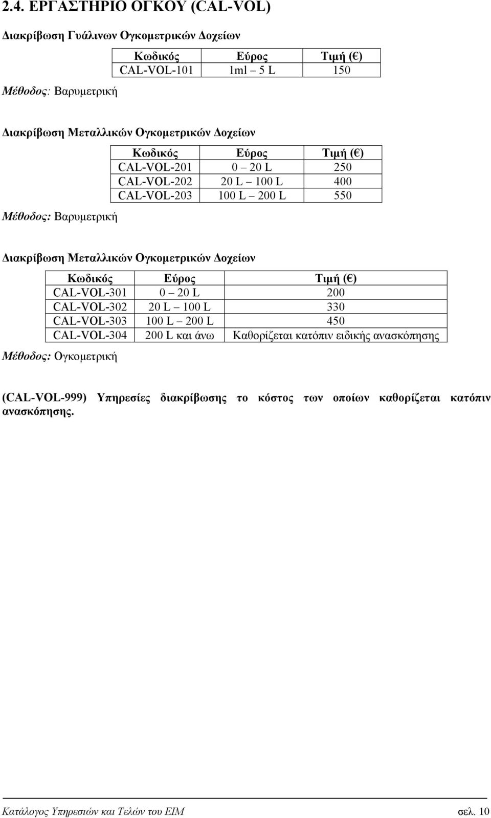 Ογκομετρικών Δοχείων Τιμή ( ) CAL-VOL-301 0 20 L 200 CAL-VOL-302 20 L 100 L 330 CAL-VOL-303 100 L 200 L 450 CAL-VOL-304 200 L και άνω Καθορίζεται κατόπιν