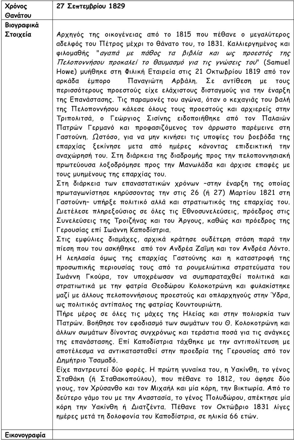 τον αρκάδα έµπορο Παναγιώτη Αρβάλη. Σε αντίθεση µε τους περισσότερους προεστούς είχε ελάχιστους δισταγµούς για την έναρξη της Επανάστασης.