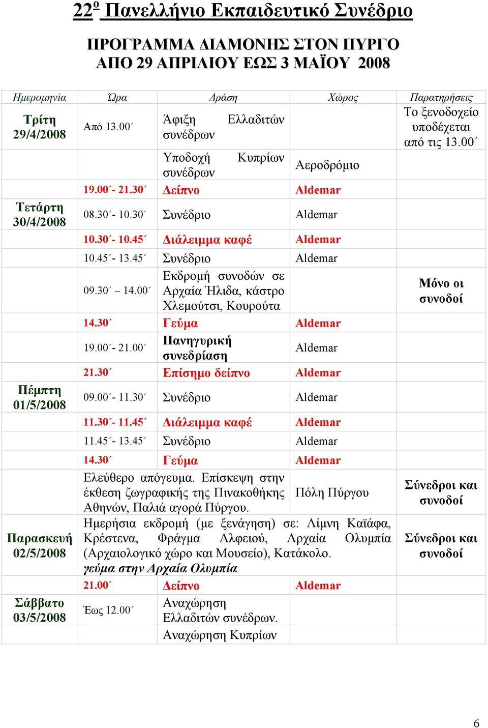 45-13.45 Συνέδριο Aldemar 09.30 14.00 Εκδρομή συνοδών σε Αρχαία Ήλιδα, κάστρο Χλεμούτσι, Κουρούτα 14.30 Γεύμα Aldemar 19.00-21.00 Πανηγυρική συνεδρίαση Aldemar 21.30 Επίσημο δείπνο Aldemar 09.00-11.