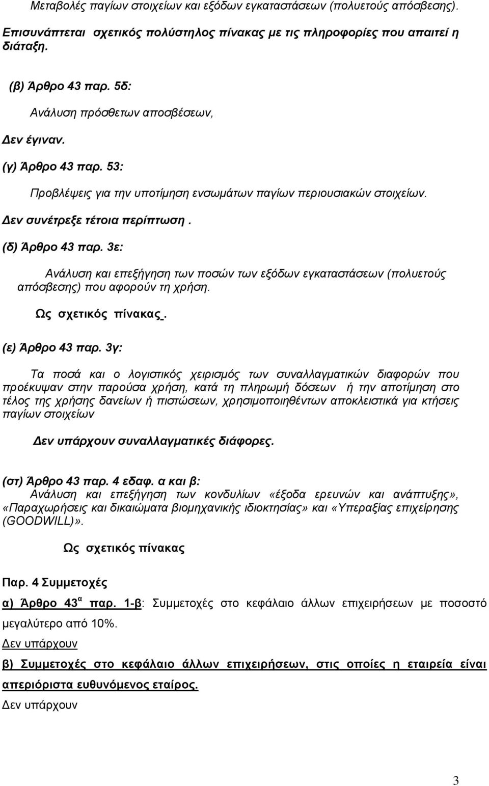 3ε: Aνάλυση και επεξήγηση των ποσών των εξόδων εγκαταστάσεων (πολυετούς απόσβεσης) που αφορούν τη χρήση. Ως σχετικός πίνακας. (ε) Άρθρο 43 παρ.