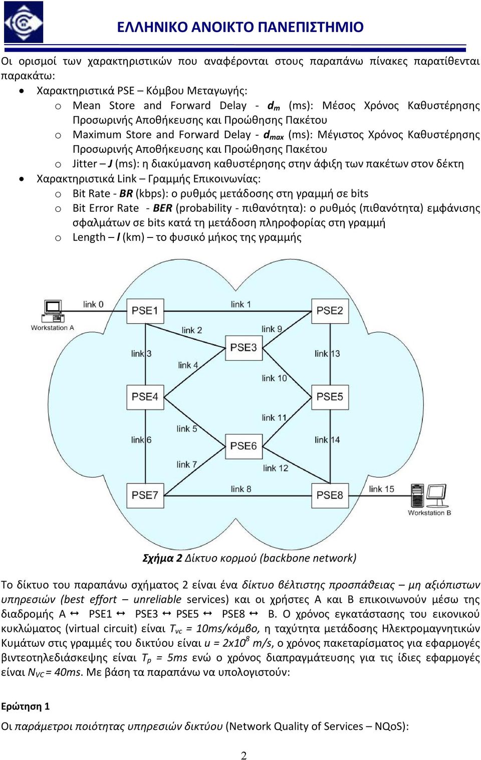 καθυστέρησης στην άφιξη των πακέτων στον δέκτη Χαρακτηριστικά Link Γραμμής Επικοινωνίας: o Bit Rate - BR (kbps): ο ρυθμός μετάδοσης στη γραμμή σε bits o Bit Error Rate - BER (probability -