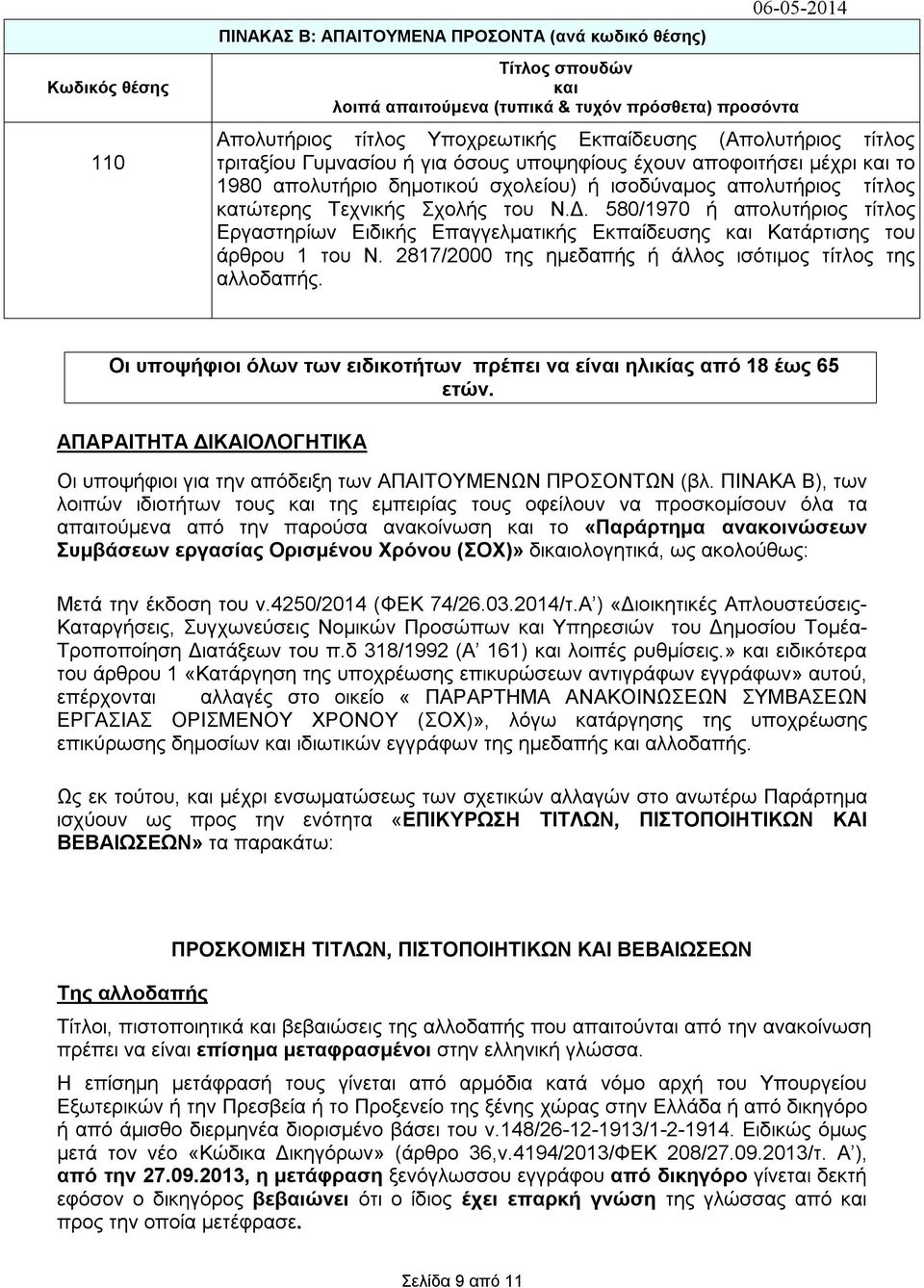 2817/2000 ημεδαπής ή άλλος ισότιμος τίτλος αλλοδαπής. Οι υποψήφιοι όλων των ειδικοτήτων πρέπει να είναι ηλικίας από 18 έως 65 ετών.