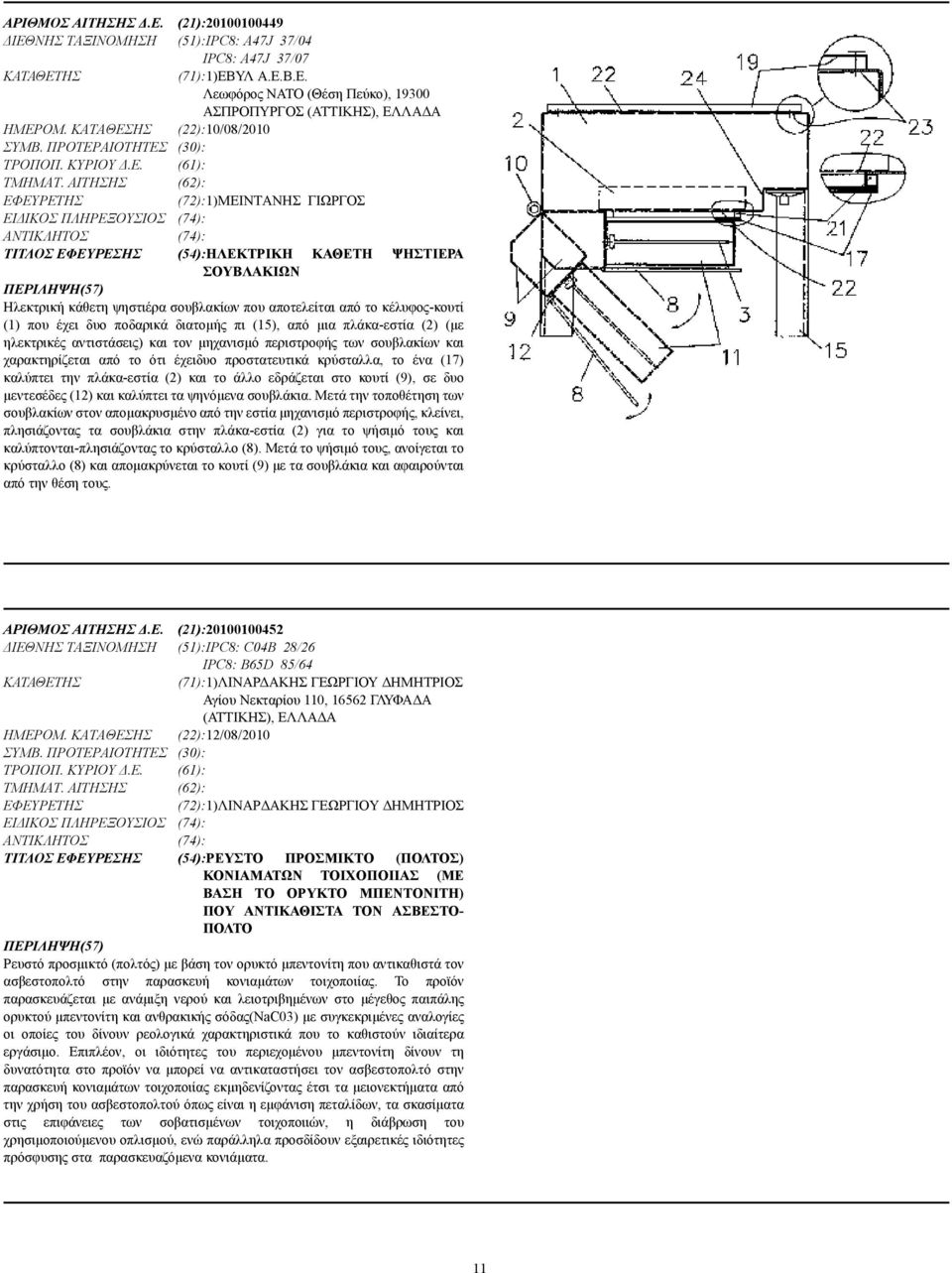 ΑΙΤΗΣΗΣ (62): (72):1)ΜΕΙΝΤΑΝΗΣ ΓΙΩΡΓΟΣ ΕΙ ΙΚΟΣ ΠΛΗΡΕΞΟΥΣΙΟΣ (74): (74): ΤΙΤΛΟΣ ΕΦΕΥΡΕΣΗΣ (54):ΗΛΕΚΤΡΙΚΗ ΚΑΘΕΤΗ ΨΗΣΤΙΕΡΑ ΣΟΥΒΛΑΚΙΩΝ Ηλεκτρική κάθετη ψηστιέρα σουβλακίων που αποτελείται από το