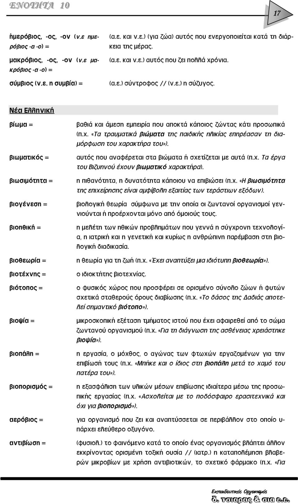 Νέα Ελληνική βίωμα = βιωματικός = βιωσιμότητα = βιογένεση = βιοηθική = βιοθεωρία = βιοτέχνης = βιότοπος = βιοψία = βιοπάλη = βιοπορισμός = βαθιά και άμεση εμπειρία που αποκτά κάποιος ζώντας κάτι
