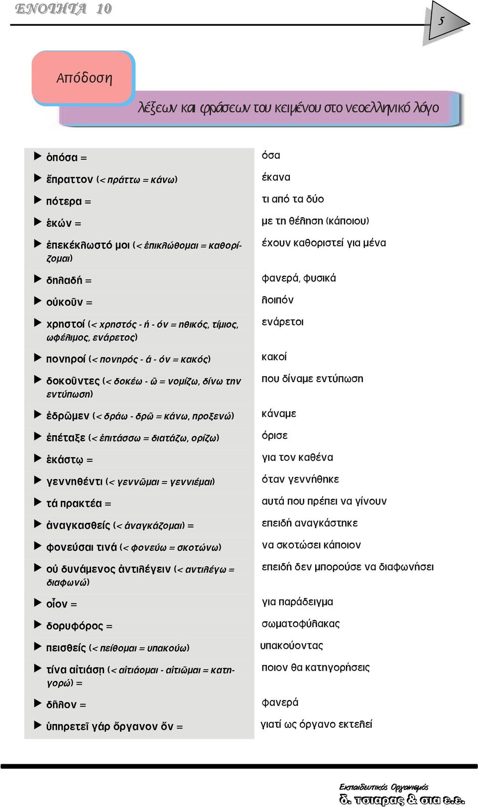 διατάζω, ορίζω) ἑκάστῳ = γεννηθέντι (< γεννῶμαι = γεννιέμαι) τά πρακτέα = ἀναγκασθείς (< ἀναγκάζομαι) = φονεύσαι τινά (< φονεύω = σκοτώνω) οὐ δυνάμενος ἀντιλέγειν (< αντιλέγω = διαφωνώ) οἷον =