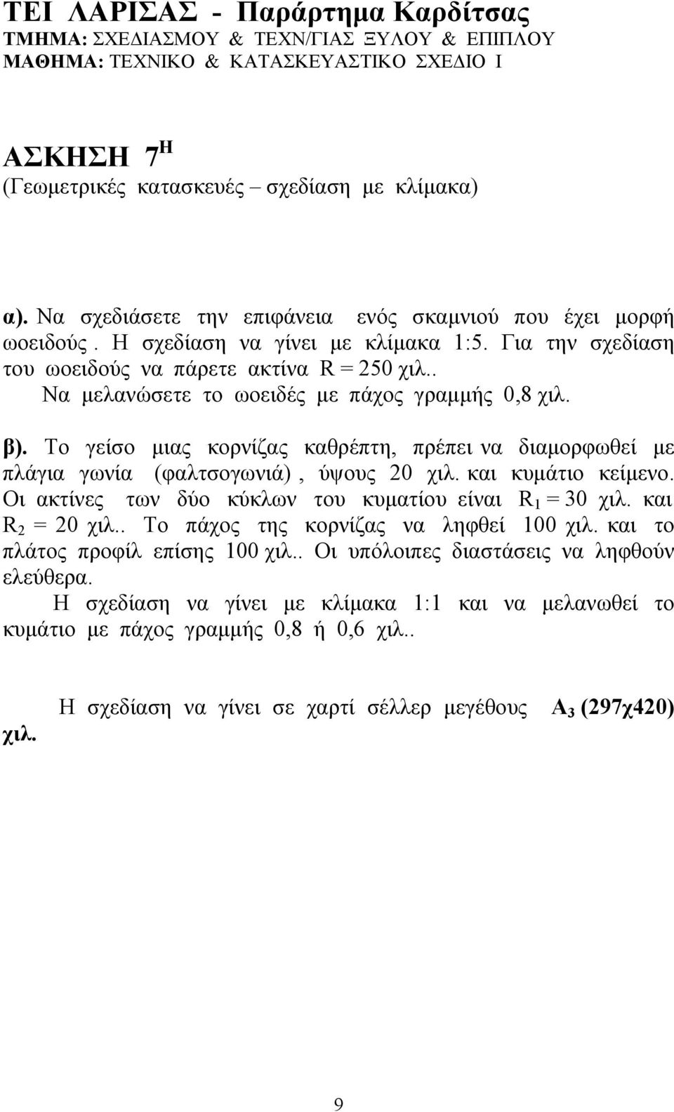 Το γείσο μιας κορνίζας καθρέπτη, πρέπει να διαμορφωθεί με πλάγια γωνία (φαλτσογωνιά), ύψους 20 χιλ. και κυμάτιο κείμενο. Οι ακτίνες των δύο κύκλων του κυματίου είναι R 1 = 30 χιλ.