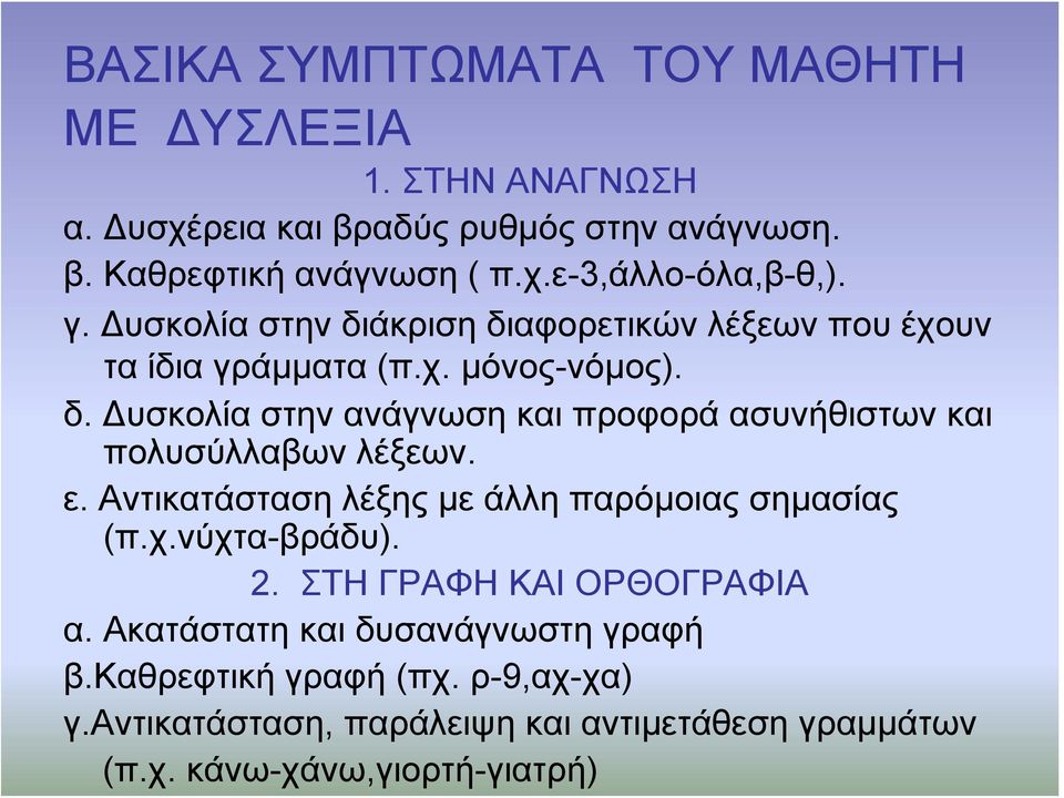 ε. Αντικατάσταση λέξης με άλλη παρόμοιας σημασίας (π.χ.νύχτα-βράδυ). 2. ΣΤΗ ΓΡΑΦΗ ΚΑΙ ΟΡΘΟΓΡΑΦΙΑ α. Ακατάστατη και δυσανάγνωστη γραφή β.