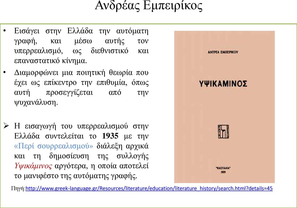 Η εισαγωγή του υπερρεαλισμού στην Ελλάδα συντελείται το 1935 με την «Περί σουρρεαλισμού» διάλεξη αρχικά και τη δημοσίευση της συλλογής
