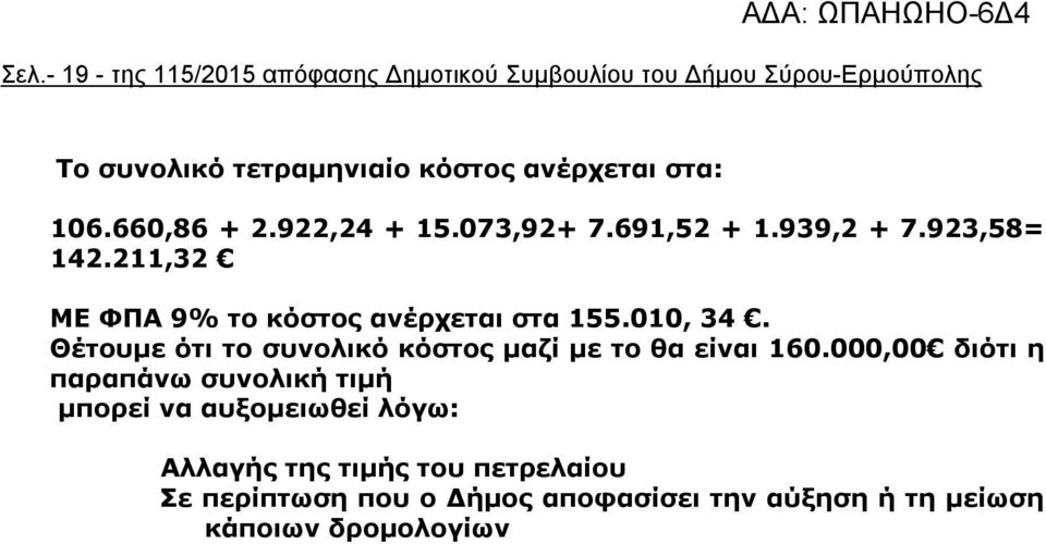 211,32 ΜΕ ΦΠΑ 9% το κόστος ανέρχεται στα 155.010, 34. Θέτουμε ότι το συνολικό κόστος μαζί με το θα είναι 160.