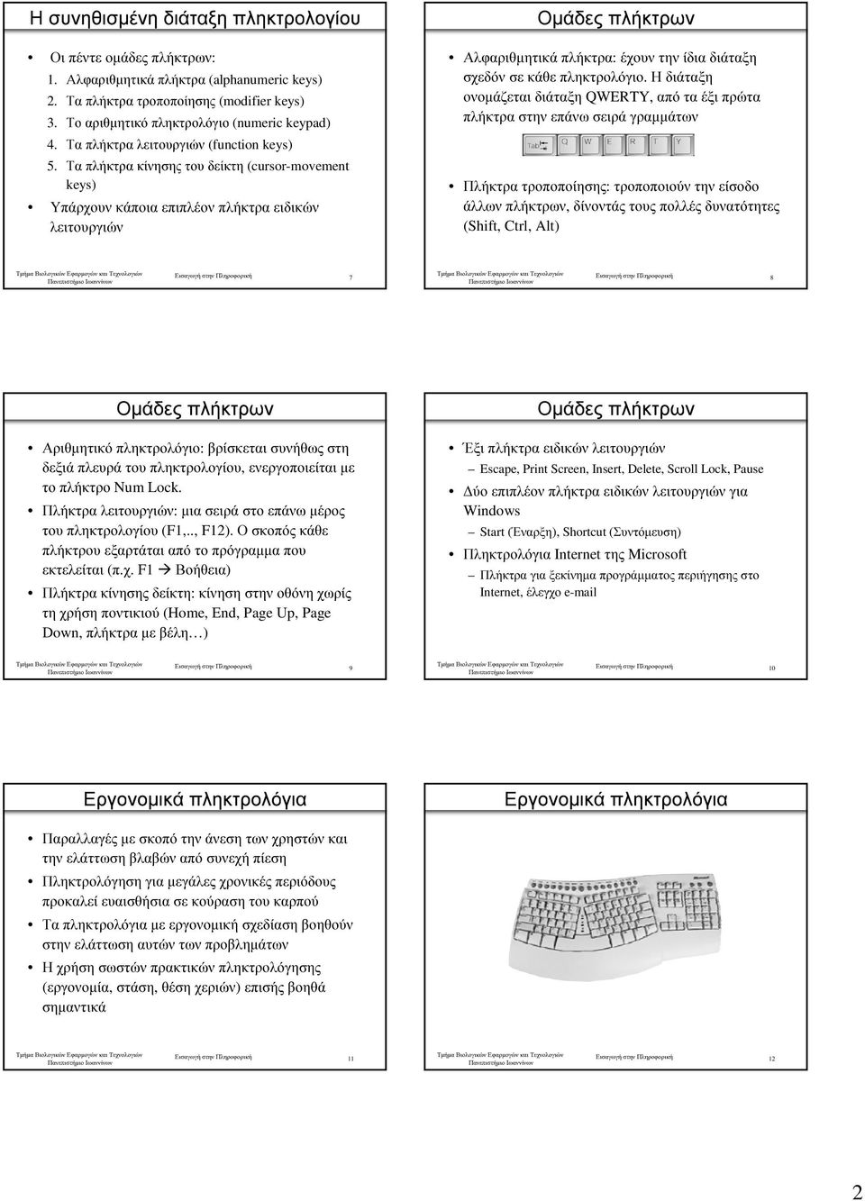 Τα πλήκτρα κίνησης του δείκτη (cursor-movement keys) Υπάρχουν κάποια επιπλέον πλήκτρα ειδικών λειτουργιών Οµάδες πλήκτρων Αλφαριθµητικά πλήκτρα: έχουν την ίδια διάταξη σχεδόν σε κάθε πληκτρολόγιο.