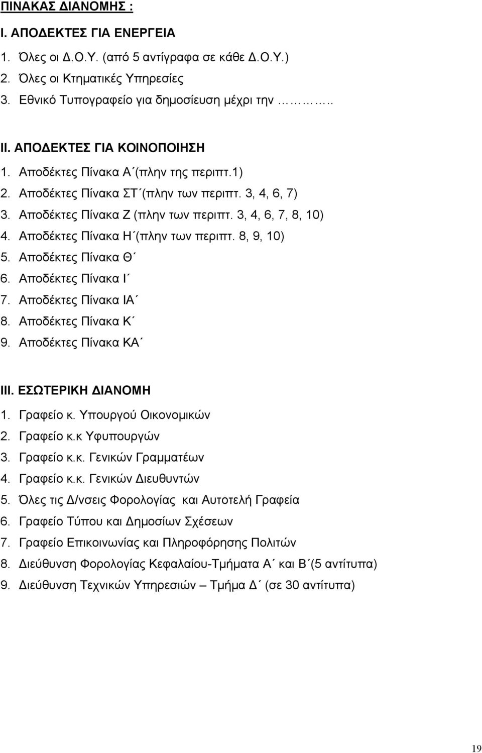 Αποδέκτες Πίνακα Η (πλην των περιπτ. 8, 9, 10) 5. Αποδέκτες Πίνακα Θ 6. Αποδέκτες Πίνακα Ι 7. Αποδέκτες Πίνακα ΙΑ 8. Αποδέκτες Πίνακα Κ 9. Αποδέκτες Πίνακα ΚΑ ΙΙΙ. ΕΣΩΤΕΡΙΚΗ ΔΙΑΝΟΜΗ 1. Γραφείο κ.