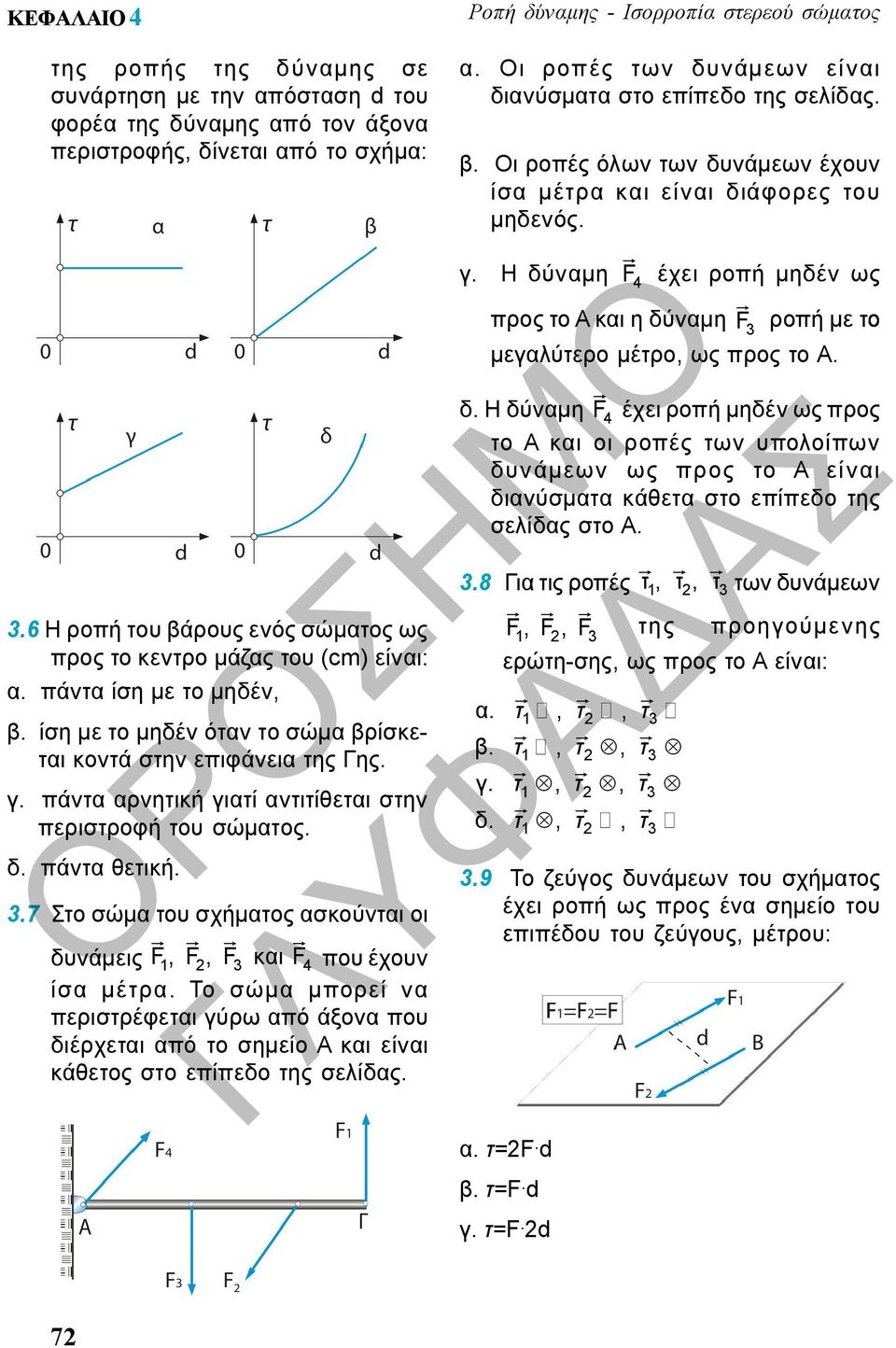 πάντα αρνητική γιατί αντιτίθεται στην περιστροφή του σώματος. δ. πάντα θετική. 3.7 Στο σώμα του σχήματος ασκούνται οι F 1, F 2, F3 και F 4 που έχουν ίσα μέτρα.