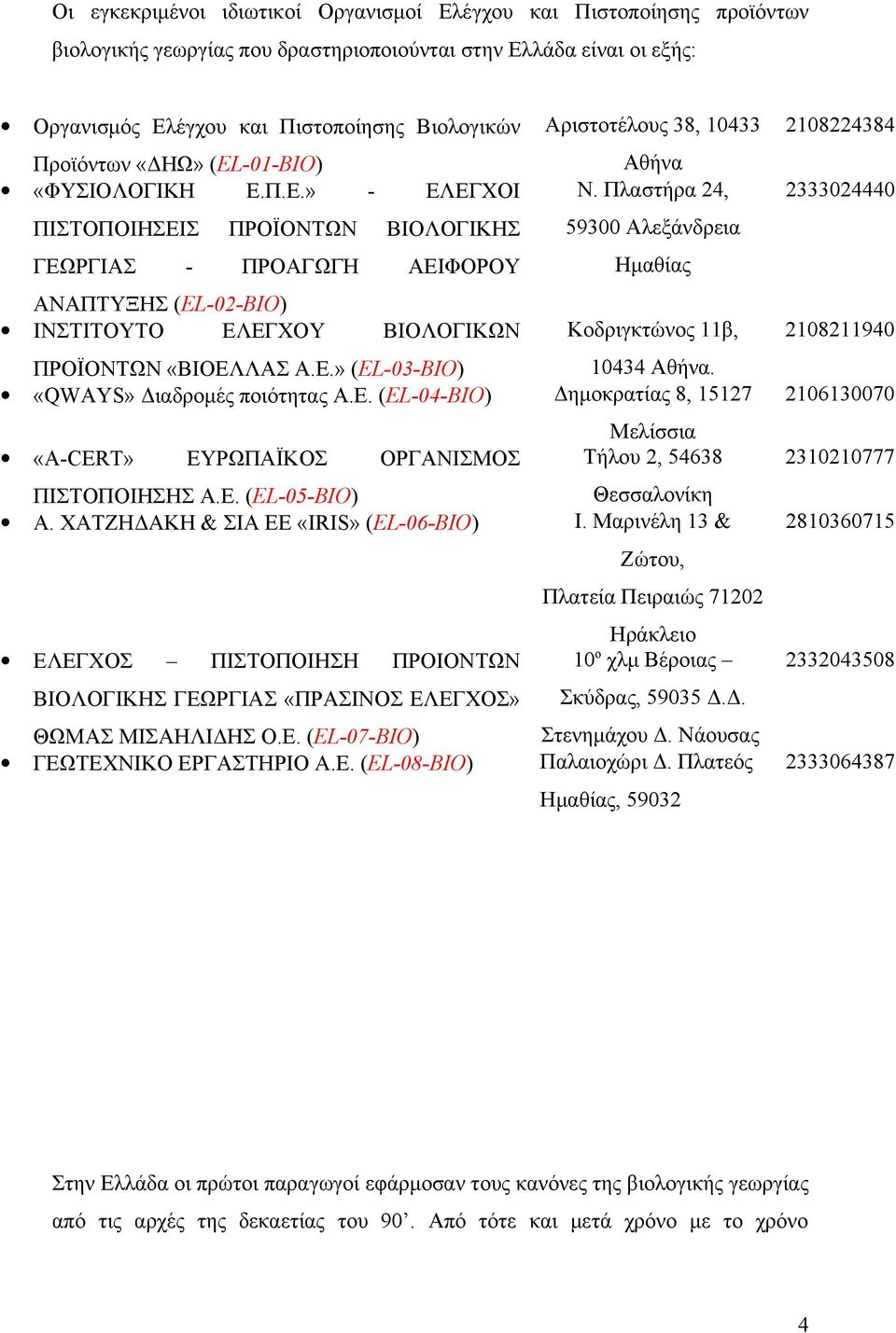 Πλαστήρα 24, ΠΙΣΤΟΠΟΙΗΣΕΙΣ ΠΡΟΪΟΝΤΩΝ ΒΙΟΛΟΓΙΚΗΣ 59300 Αλεξάνδρεια ΓΕΩΡΓΙΑΣ - ΠΡΟΑΓΩΓΗ ΑΕΙΦΟΡΟΥ Ημαθίας ΑΝΑΠΤΥΞΗΣ (EL-02-BIO) ΙΝΣΤΙΤΟΥΤΟ ΕΛΕΓΧΟΥ ΒΙΟΛΟΓΙΚΩΝ Κοδριγκτώνος 11β, ΠΡΟΪΟΝΤΩΝ «ΒΙΟΕΛΛΑΣ Α.Ε.» (EL-03-BIO) 10434 Αθήνα.