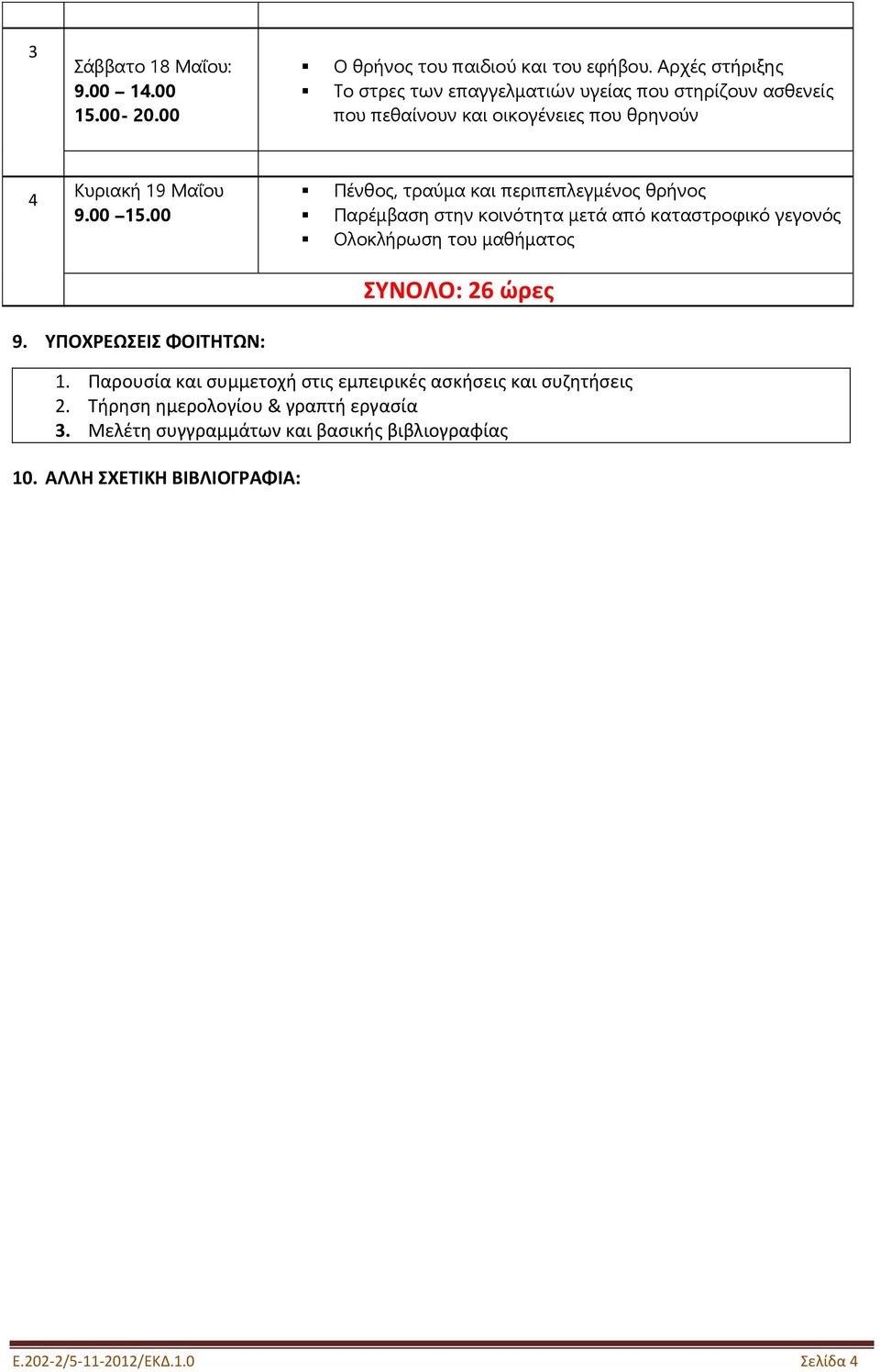 00 Πένθος, τραύμα και περιπεπλεγμένος θρήνος Παρέμβαση στην κοινότητα μετά από καταστροφικό γεγονός Ολοκλήρωση του μαθήματος ΣΥΝΟΛΟ: 26 ώρες 9.