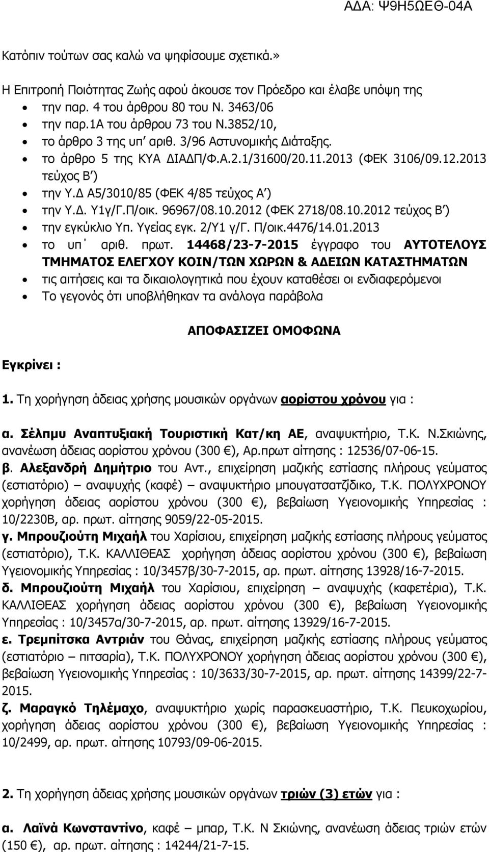 Π/οικ. 96967/08.10.2012 (ΦΕΚ 2718/08.10.2012 τεύχος Β ) την εγκύκλιο Υπ. Υγείας εγκ. 2/Υ1 γ/γ. Π/οικ.4476/14.01.2013 το υπ αριθ. πρωτ.
