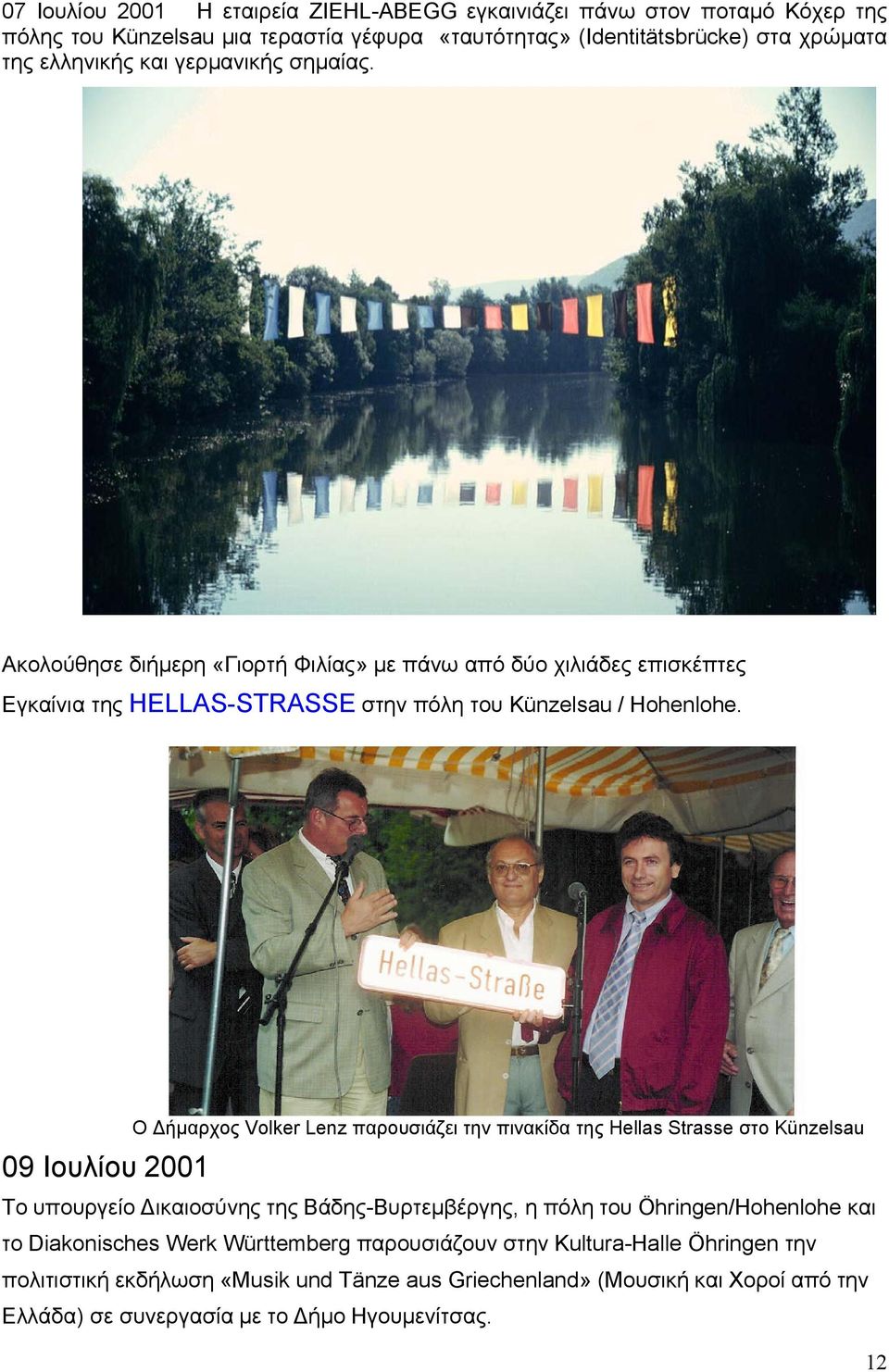09 Ιουλίου 2001 Ο ήµαρχος Volker Lenz παρουσιάζει την πινακίδα της Hellas Strasse στο Künzelsau Το υπουργείο ικαιοσύνης της Βάδης-Βυρτεµβέργης, η πόλη του Öhringen/Hohenlohe και το
