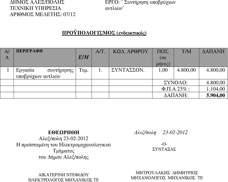 800,00 ΣΥΝΟΛΟ: 4.800,00 Φ.Π.Α 23% : 1.104,00 ΑΠΑΝΗ: 5.