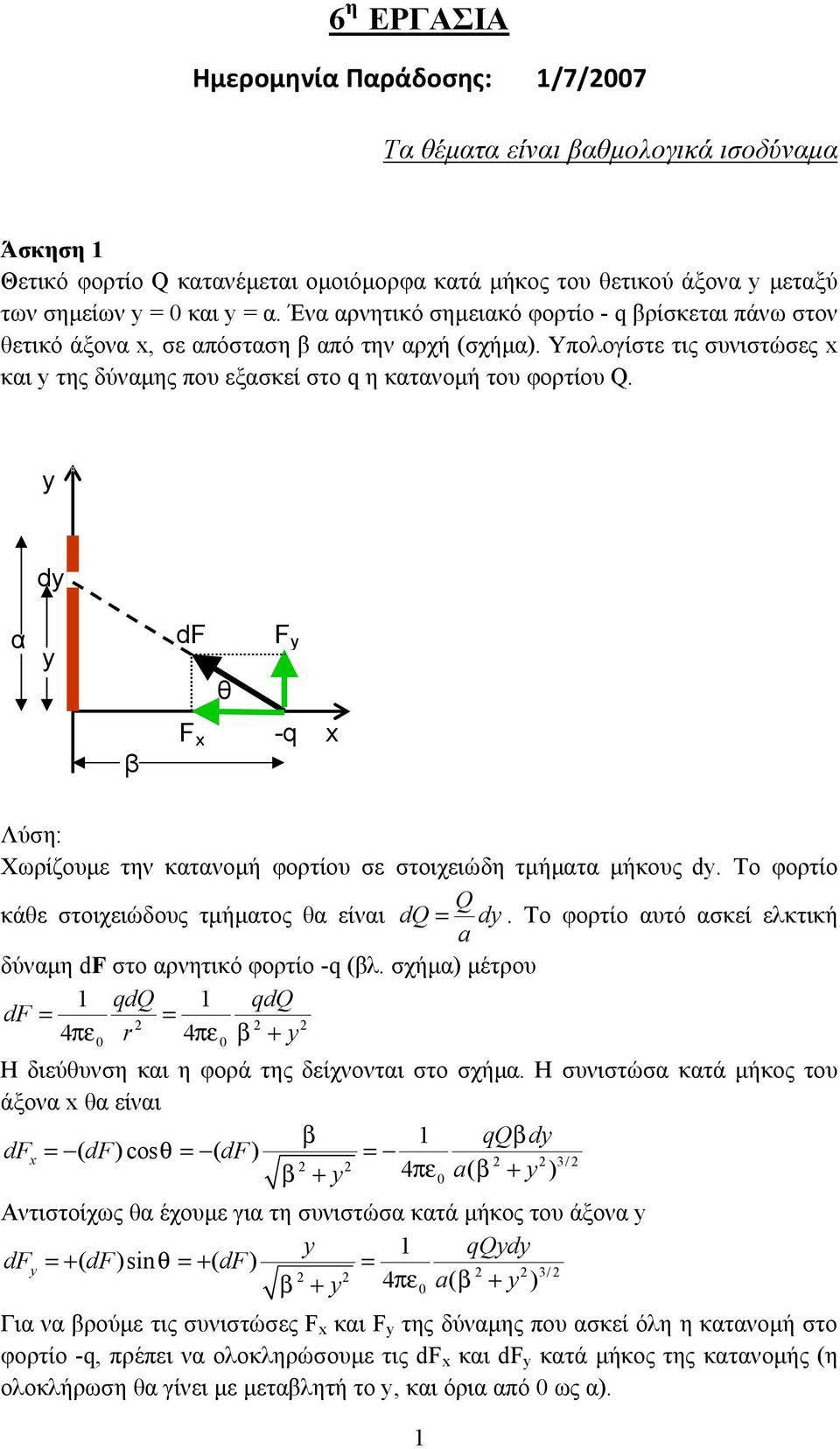 y dy α y df θ F y β F x -q x Λύση: Χωίζουμ την κατανομή φοτίου σ στοιχιώδη τμήματα μήκους dy. Το φοτίο Q κάθ στοιχιώδους τμήματος θα ίναι dq dy.