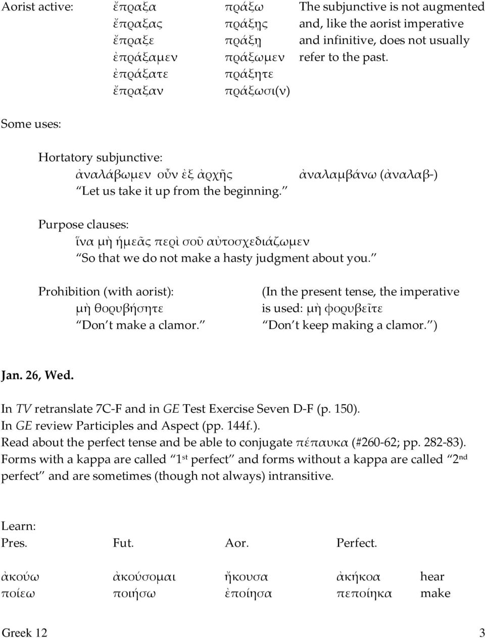 ἀναλαμβάνω (ἀναλαβ-) Purpose clauses: ἵνα μὴ ἡμεᾶς περὶ σοῦ αὐτοσχεδιάζωμεν So that we do not make a hasty judgment about you. Prohibition (with aorist): μὴ θορυβήσητε Don t make a clamor.