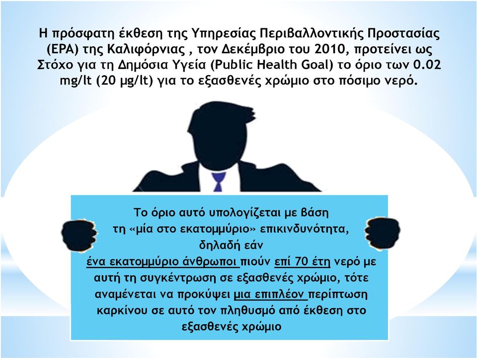 Το όριο αυτό υπολογίζεται µε βάση τη «µία στο εκατοµµύριο» επικινδυνότητα, δηλαδή εάν ένα εκατοµµύριο άνθρωποι πιούν επί 70 έτη νερό