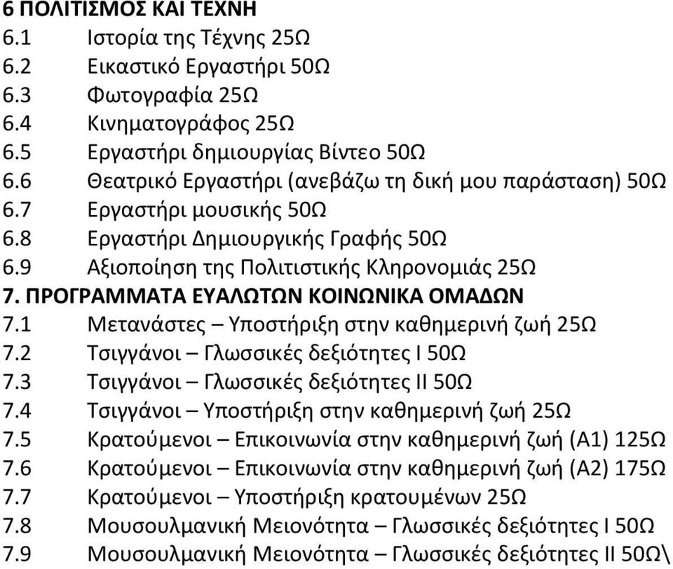 ΠΡΟΓΡΑΜΜΑΤΑ ΕΥΑΛΩΤΩΝ ΚΟΙΝΩΝΙΚΑ ΟΜΑΔΩΝ 7.1 Μετανάστες Υποστήριξη στην καθημερινή ζωή 25Ω 7.2 Τσιγγάνοι Γλωσσικές δεξιότητες Ι 50Ω 7.3 Τσιγγάνοι Γλωσσικές δεξιότητες ΙΙ 50Ω 7.