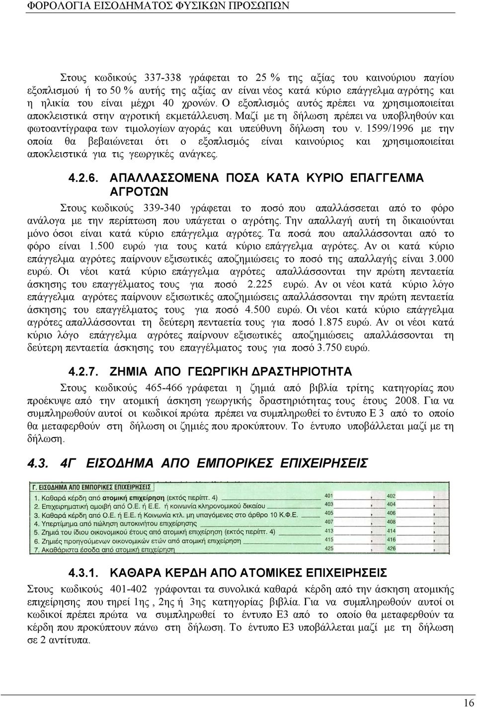 1599/1996 με την οποία θα βεβαιώνεται ότι ο εξοπλισμός είναι καινούριος και χρησιμοποιείται αποκλειστικά για τις γεωργικές ανάγκες. 4.2.6. ΑΠΑΛΛΑΣΣΟΜΕΝΑ ΠΟΣΑ ΚΑΤΑ ΚΥΡΙΟ ΕΠΑΓΓΕΛΜΑ ΑΓΡΟΤΩΝ Στους κωδικούς 339-340 γράφεται το ποσό που απαλλάσσεται από το φόρο ανάλογα με την περίπτωση που υπάγεται ο αγρότης.