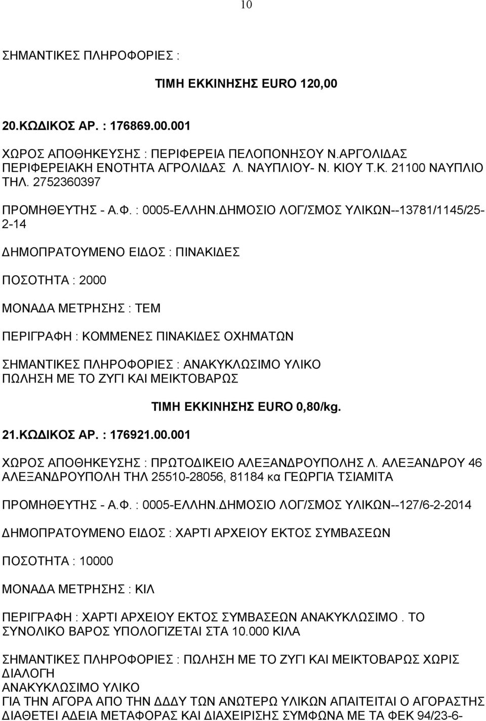 ΔΗΜΟΣΙΟ ΛΟΓ/ΣΜΟΣ ΥΛΙΚΩΝ--13781/1145/25-2-14 ΔΗΜΟΠΡΑΤΟΥΜΕΝΟ ΕΙΔΟΣ : ΠΙΝΑΚΙΔΕΣ ΠΟΣΟΤΗΤΑ : 2000 ΠΕΡΙΓΡΑΦΗ : ΚΟΜΜΕΝΕΣ ΠΙΝΑΚΙΔΕΣ ΟΧΗΜΑΤΩΝ ΑΝΑΚΥΚΛΩΣΙΜΟ ΥΛΙΚΟ ΠΩΛΗΣΗ ΜΕ ΤΟ ΖΥΓΙ ΚΑΙ ΜΕΙΚΤΟΒΑΡΩΣ 21.ΚΩΔΙΚΟΣ ΑΡ.
