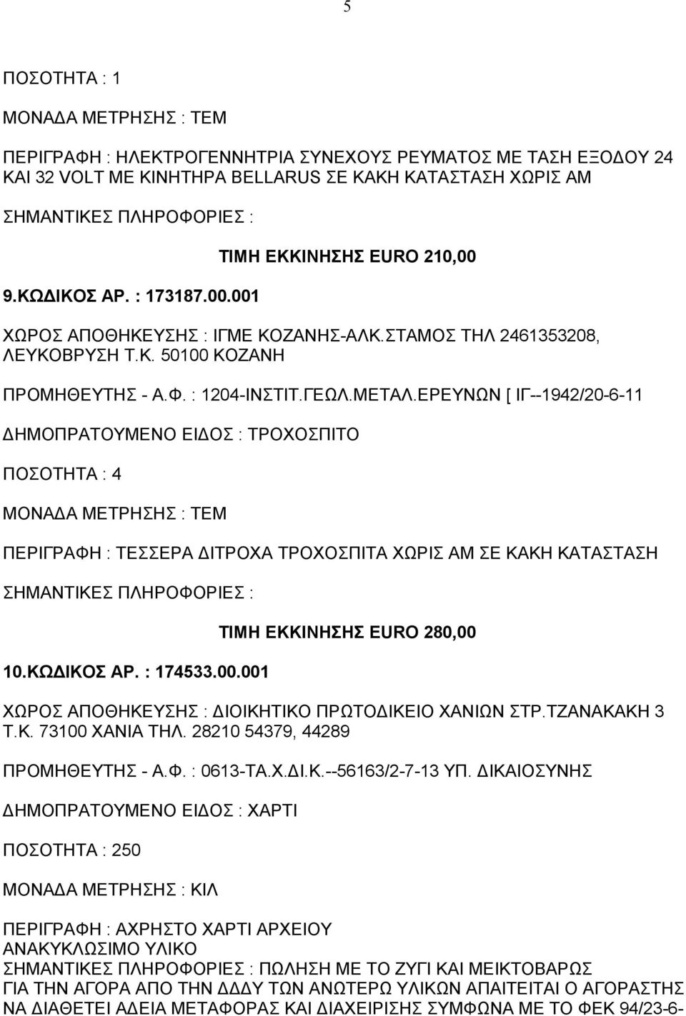 ΚΩΔΙΚΟΣ ΑΡ. : 174533.00.001 ΤΙΜΗ ΕΚΚΙΝΗΣΗΣ EURO 280,00 ΧΩΡΟΣ ΑΠΟΘΗΚΕΥΣΗΣ : ΔΙΟΙΚΗΤΙΚΟ ΠΡΩΤΟΔΙΚΕΙΟ ΧΑΝΙΩΝ ΣΤΡ.ΤΖΑΝΑΚΑΚΗ 3 Τ.Κ. 73100 ΧΑΝΙΑ ΤΗΛ. 28210 54379, 44289 ΠΡΟΜΗΘΕΥΤΗΣ - Α.Φ. : 0613-ΤΑ.Χ.ΔΙ.Κ.--56163/2-7-13 ΥΠ.