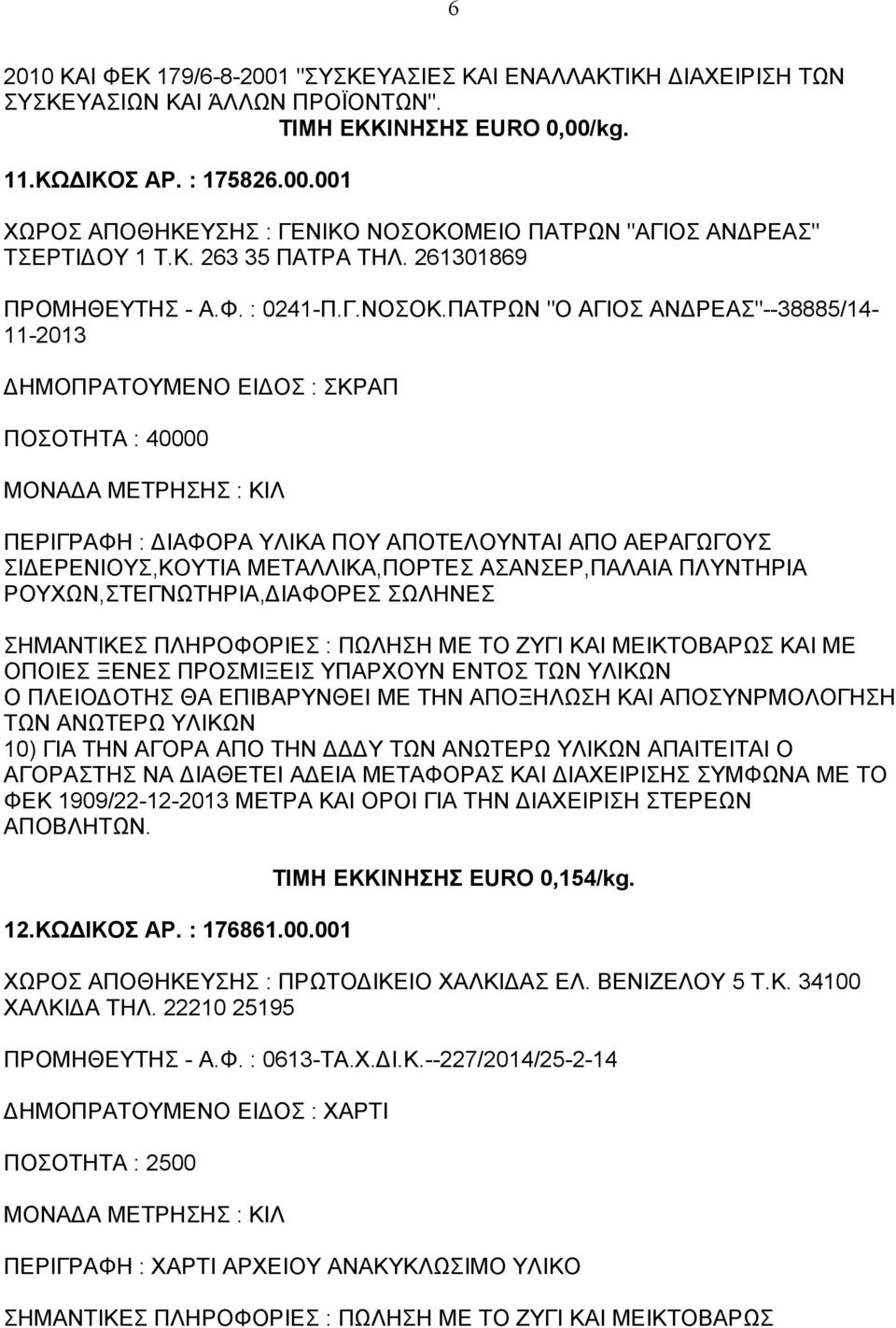 ΠΑΤPΩΝ "Ο ΑΓΙΟΣ ΑΝΔPΕΑΣ"--38885/14-11-2013 ΔΗΜΟΠΡΑΤΟΥΜΕΝΟ ΕΙΔΟΣ : ΣΚΡΑΠ ΠΟΣΟΤΗΤΑ : 40000 MΟΝΑΔΑ ΜΕΤΡΗΣΗΣ : ΚΙΛ ΠΕΡΙΓΡΑΦΗ : ΔΙΑΦΟΡΑ ΥΛΙΚΑ ΠΟΥ ΑΠΟΤΕΛΟΥΝΤΑΙ ΑΠΟ ΑΕΡΑΓΩΓΟΥΣ ΣΙΔΕΡΕΝΙΟΥΣ,ΚΟΥΤΙΑ