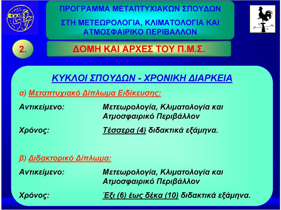 ΚΥΚΛΟΙ ΣΠΟΥΔΩΝ - ΧΡΟΝΙΚΗ ΔΙΑΡΚΕΙΑ α) Μεταπτυχιακό Δίπλωμα Ειδίκευσης: Αντικείμενο: