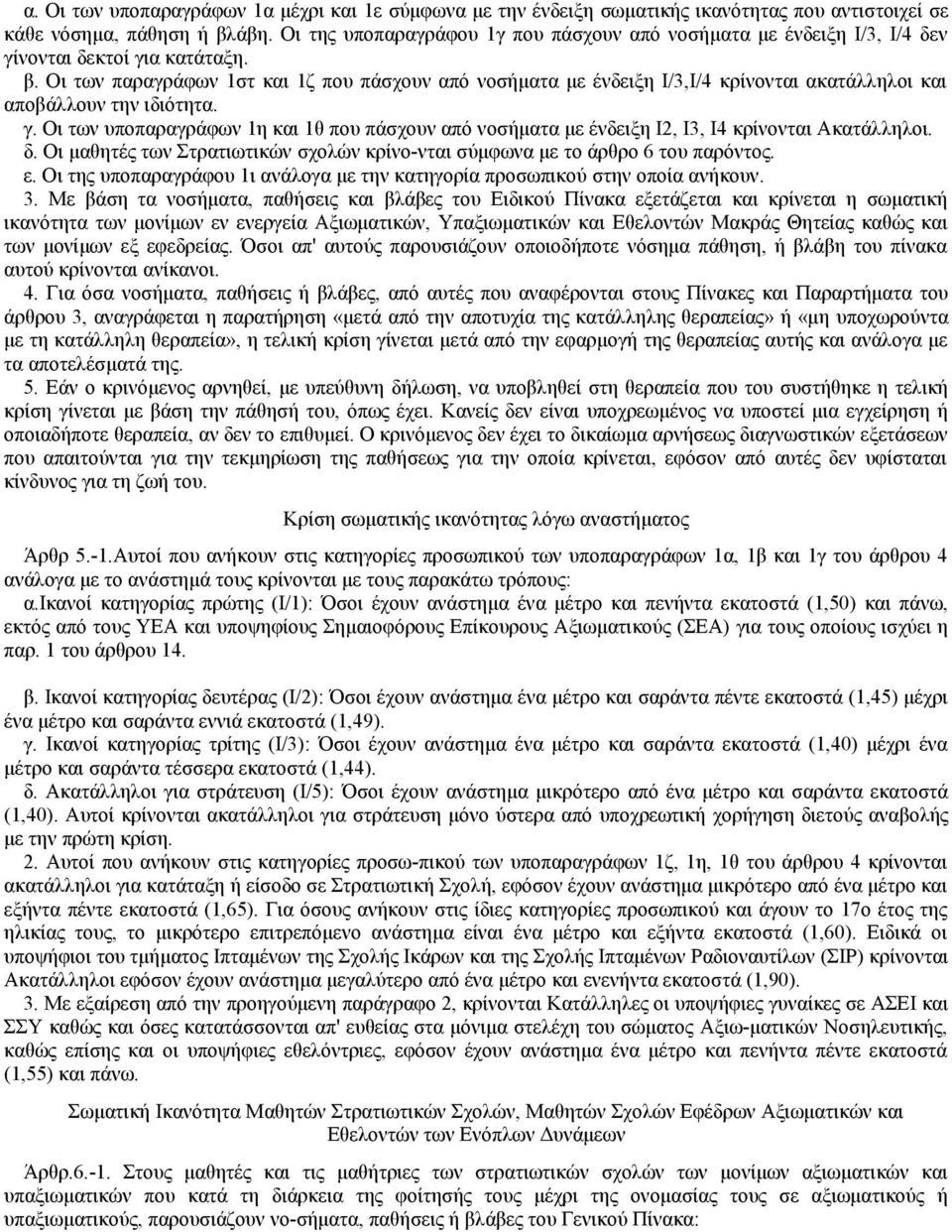 Οι των παραγράφων 1στ και 1ζ που πάσχουν από νοσήματα με ένδειξη Ι/3,Ι/4 κρίνονται ακατάλληλοι και αποβάλλουν την ιδιότητα. γ.
