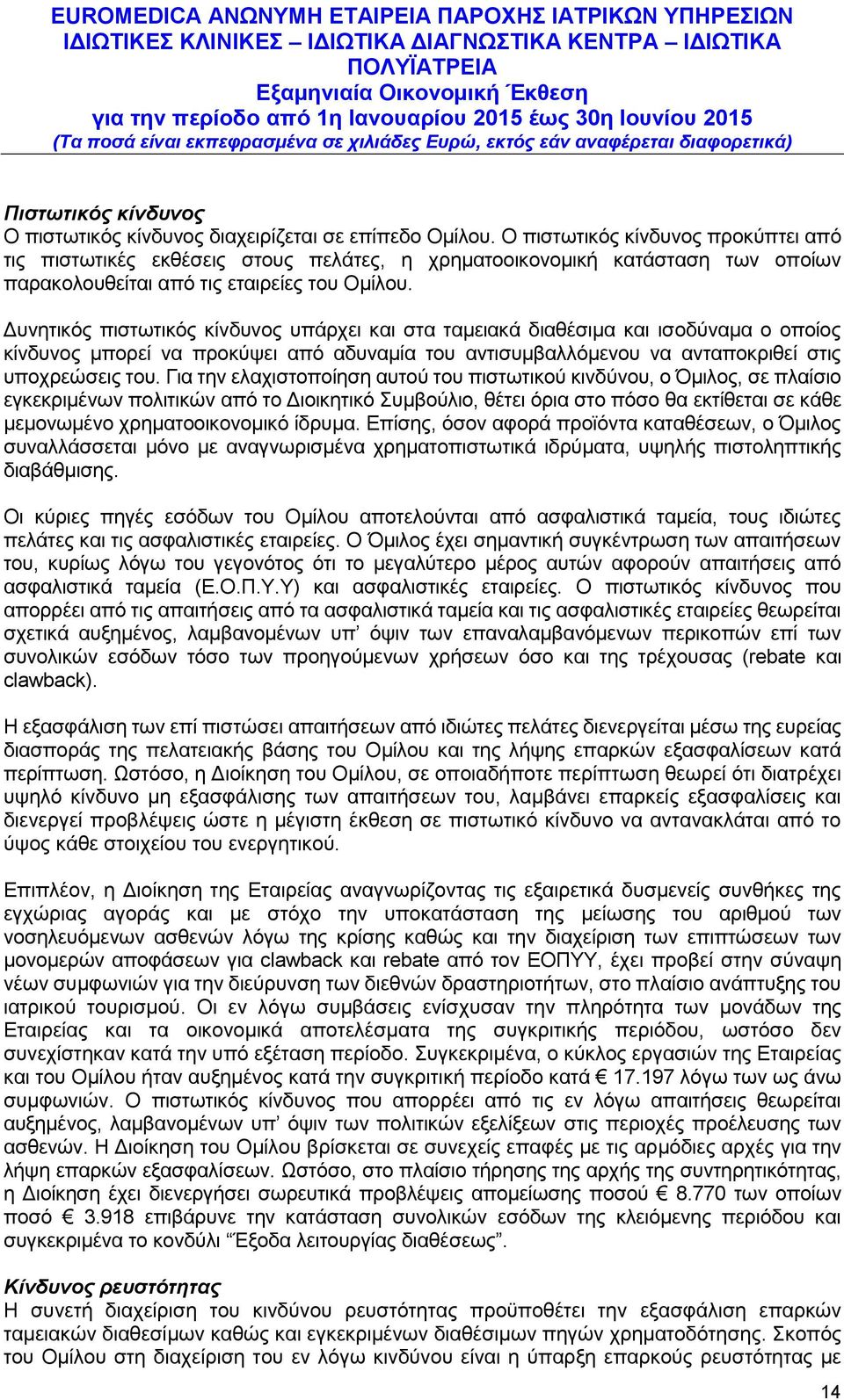 Δυνητικός πιστωτικός κίνδυνος υπάρχει και στα ταμειακά διαθέσιμα και ισοδύναμα ο οποίος κίνδυνος μπορεί να προκύψει από αδυναμία του αντισυμβαλλόμενου να ανταποκριθεί στις υποχρεώσεις του.