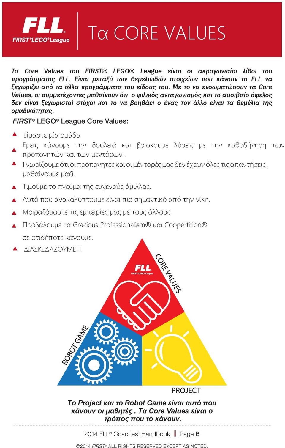 Με το να ενσωματώσουν τα Core Values, οι συμμετέχοντες μαθαίνουν ότι ο φιλικός ανταγωνισμός και το αμοιβαίο όφελος δεν είναι ξεχωριστοί στόχοι και το να βοηθάει ο ένας τον άλλο είναι τα θεμέλια της